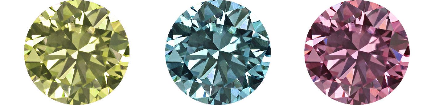 Three loose round brilliant-cut gemstones — yellow-green, teal and pink — after AI retouching, facet patterns sharp and colors true on a pure white background