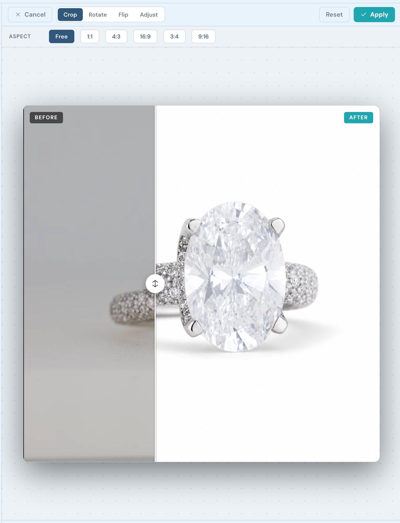 Before/After slider in NeuroViz AI Studio comparing a raw jewelry photo on the left with a clean, retouched version on the right, showing removed scratches and brighter metal and stones.