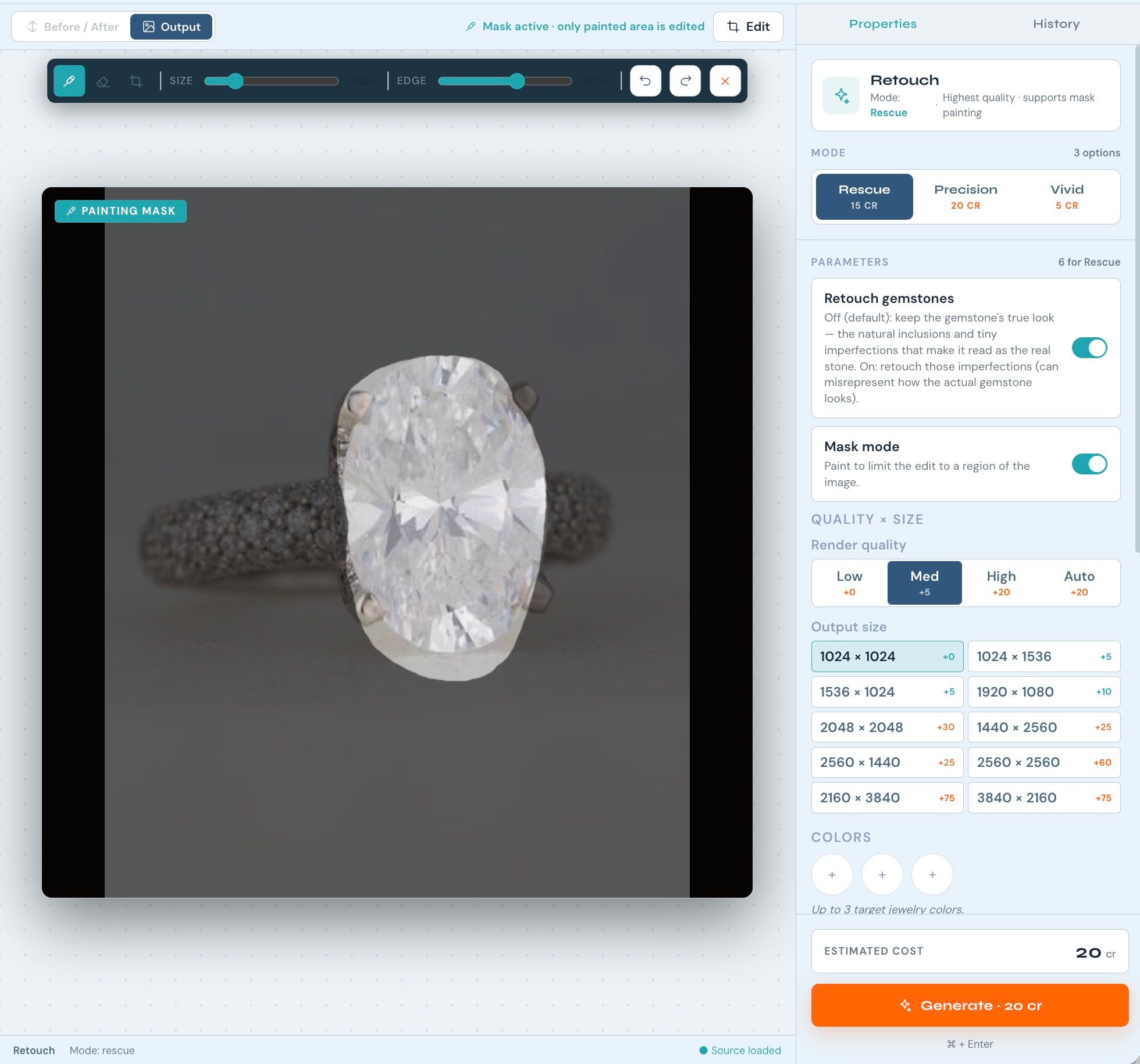 NeuroViz AI Studio in-canvas editor in Crop mode, showing a crop frame with corner handles over a jewelry product photo and an Edit toolbar with Crop, Rotate, Flip, and Adjust options.