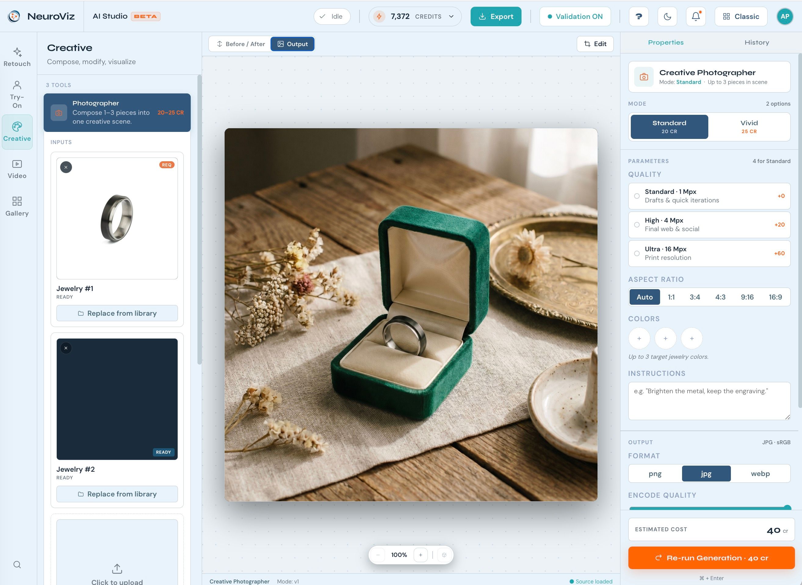 Styled creative jewelry photograph generated in NeuroViz AI Studio — a pendant set in a rich lifestyle scene — demonstrating campaign-ready imagery from a single product photo.