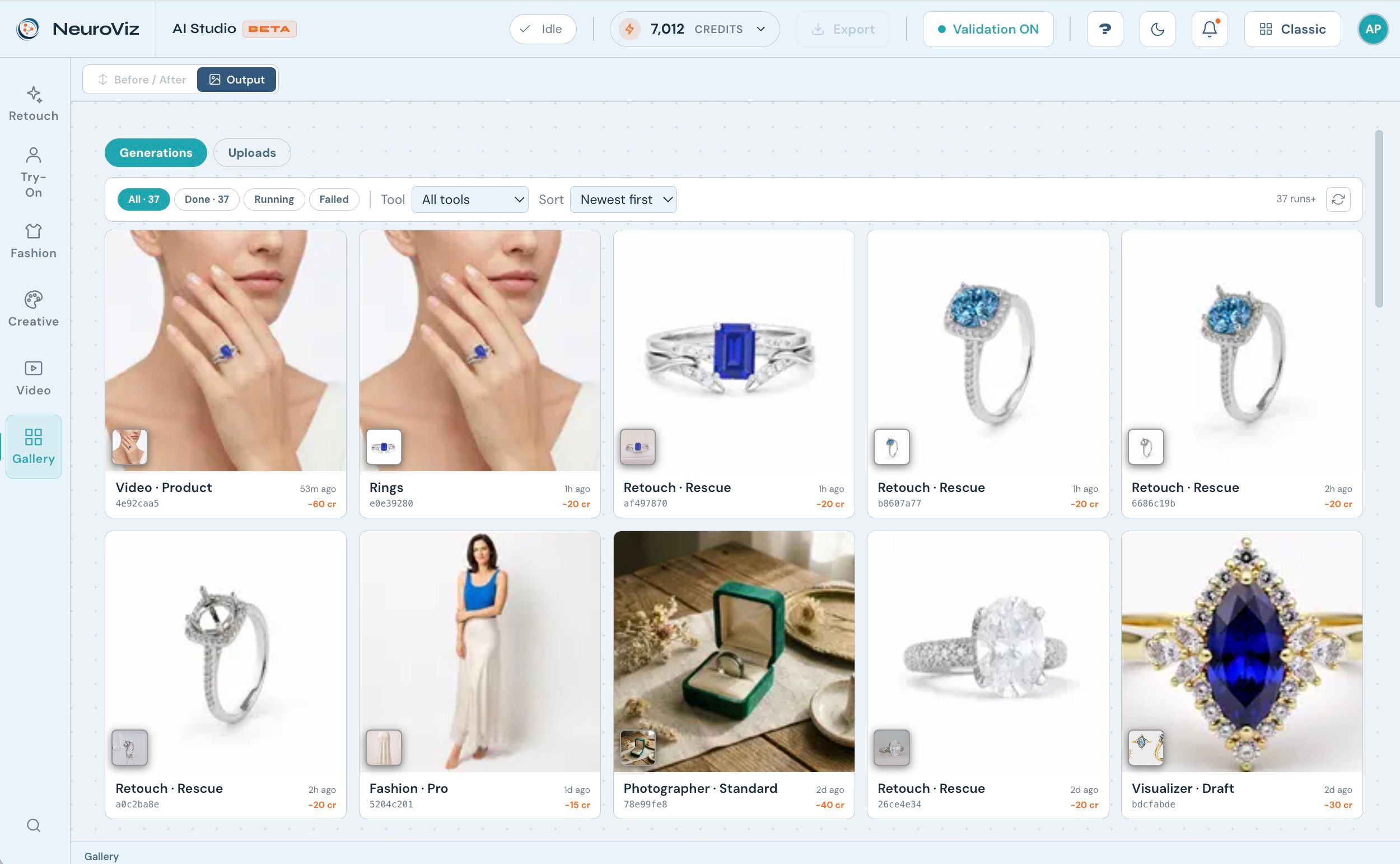 NeuroViz AI Studio gallery showing a grid of previously generated jewelry images with Recreate and re-open actions for each result.