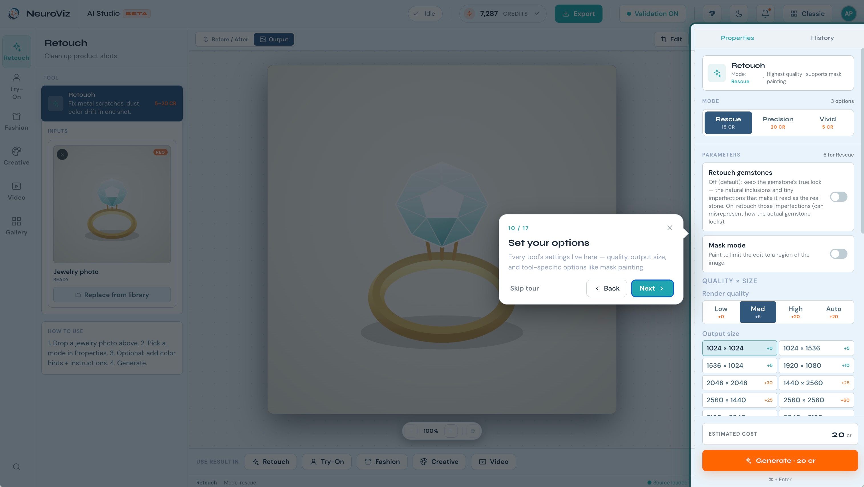 First-visit guided tour in NeuroViz AI Studio with a spotlight and tooltip card highlighting part of the workspace to help new users get started