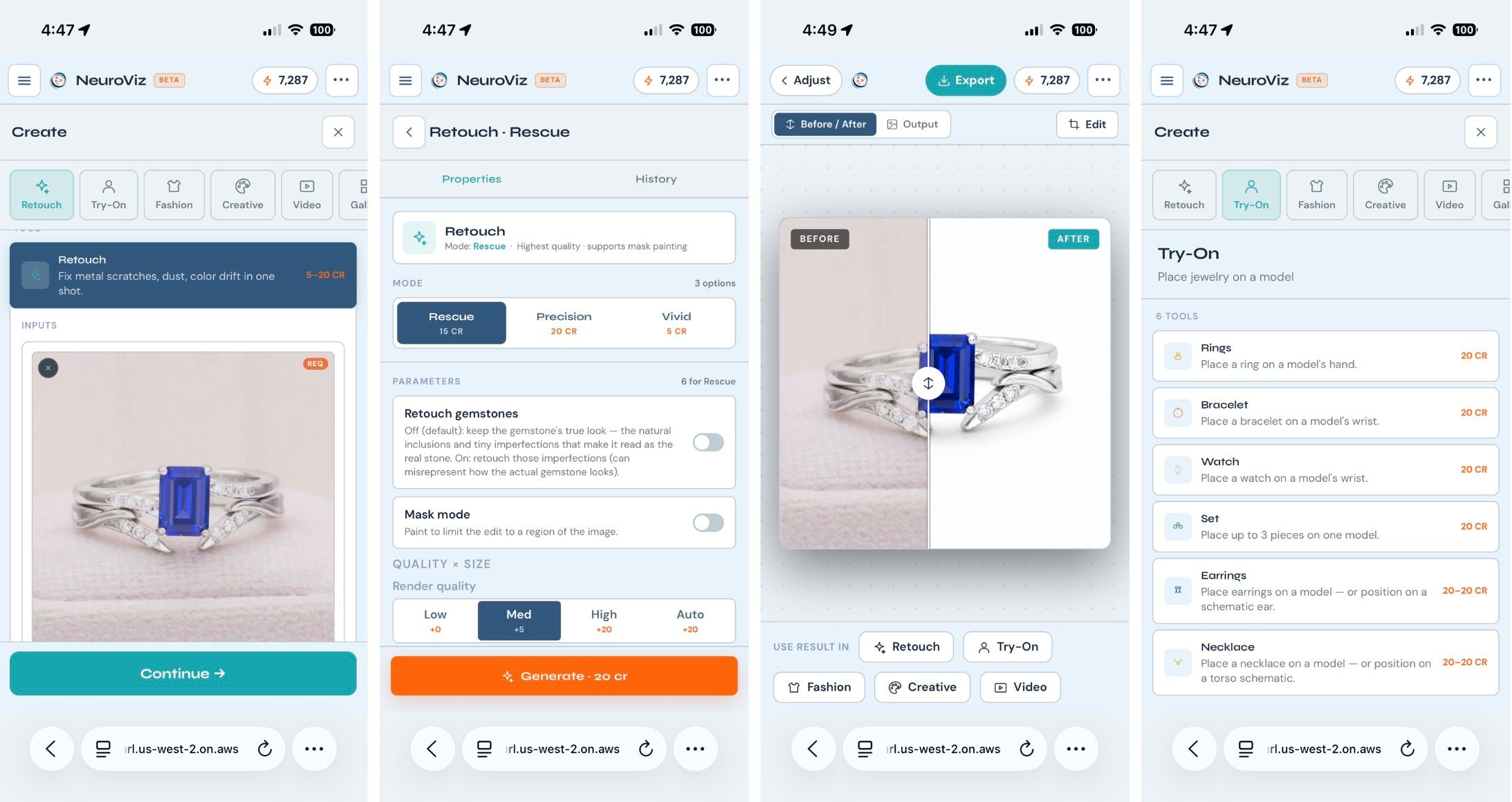 NeuroViz AI Studio on a smartphone showing the guided mobile create flow — Setup, Preview & Edit, Adjust, Result — with an Export button on a finished jewelry image.