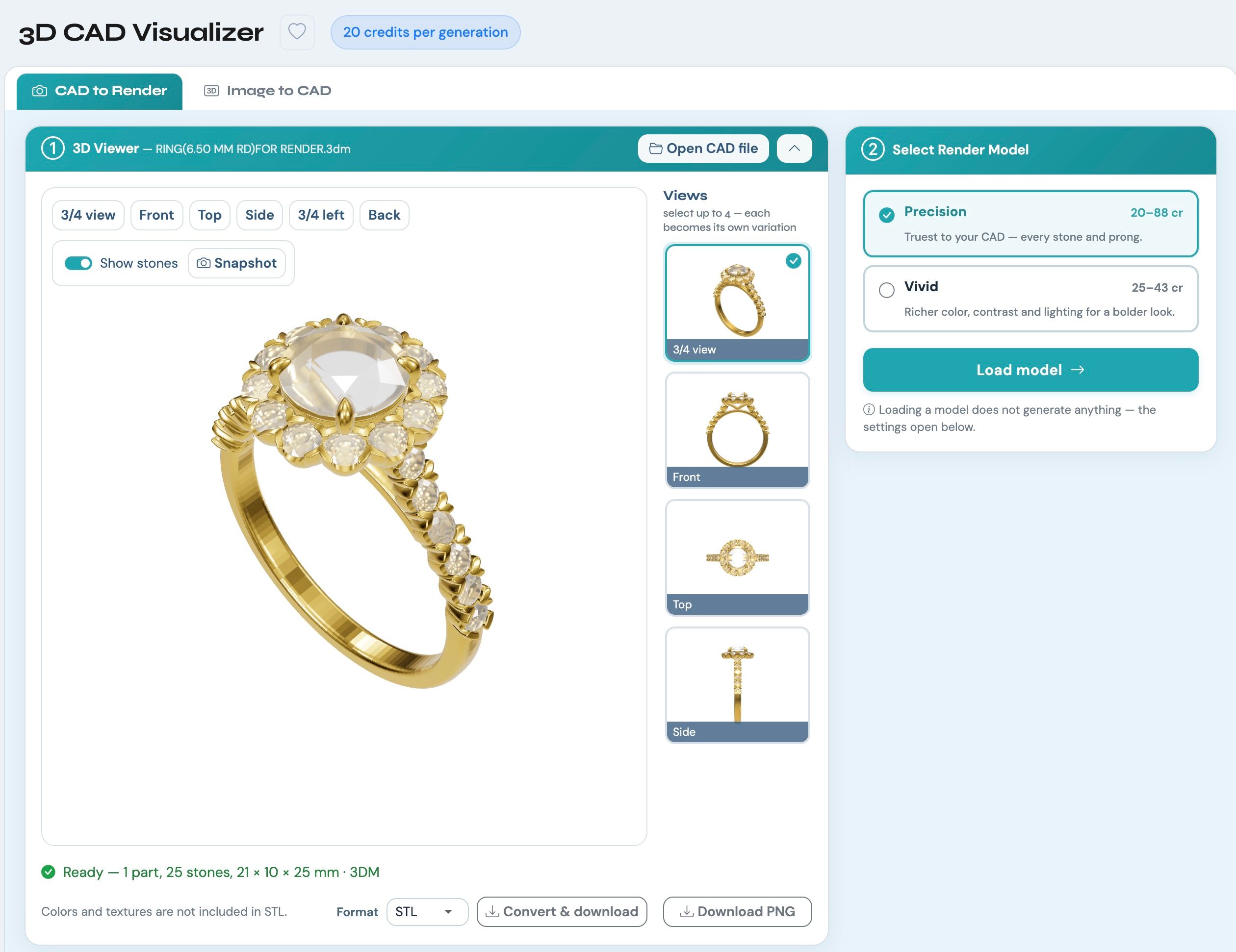 The 3D CAD Visualizer viewer with a halo ring loaded, four prepared camera views in the side panel, and the Precision and Vivid render models