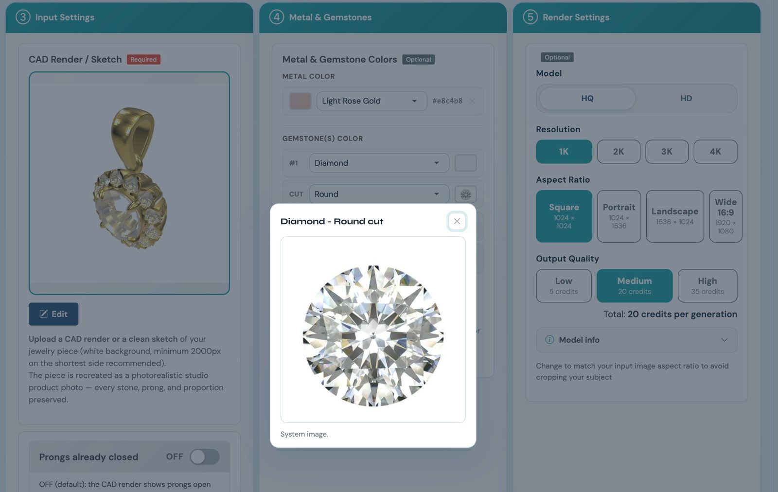 The Metal & Gemstone Colors panel in the NeuroViz retoucher: Gemstone #1 set to Diamond with the cut set to Round, and a preview showing the round brilliant facet pattern the AI will apply
