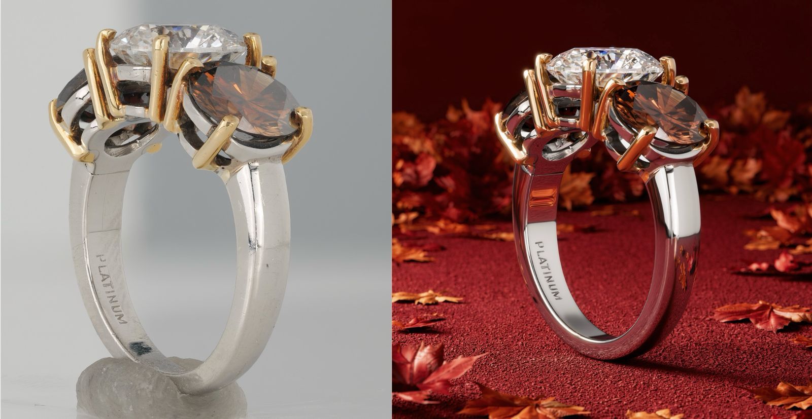 The same platinum three-stone ring before and after the new Vivid model: on the left, the raw photo on a putty stand against a grey background; on the right, the ring at the same angle on a red surface with autumn maple leaves