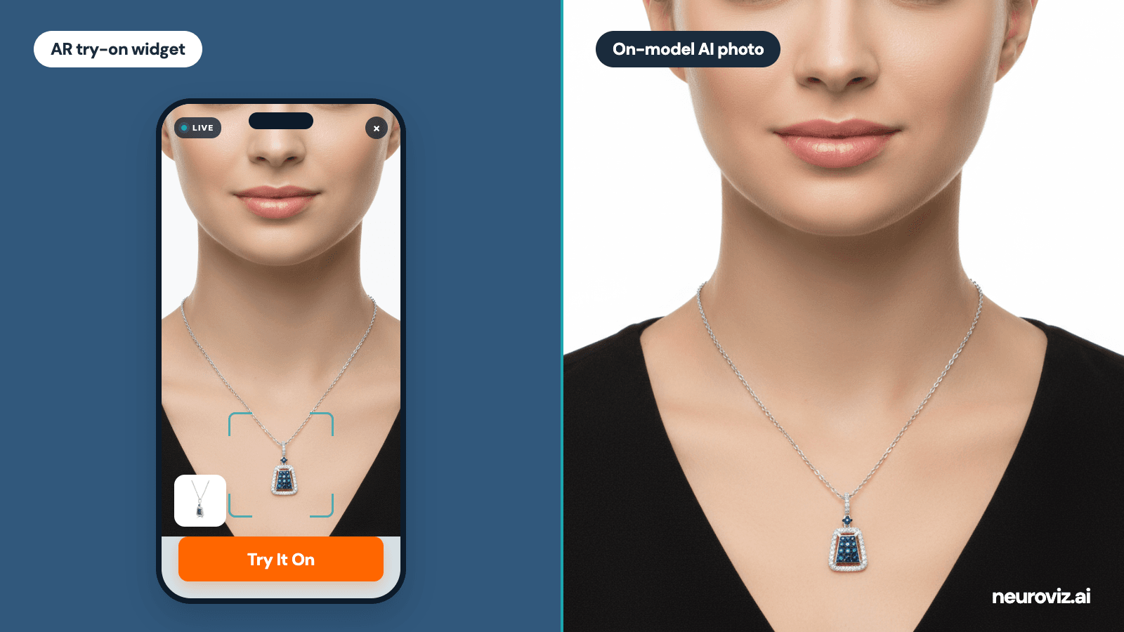 Split image comparing the two kinds of jewelry virtual try-on: a shopper testing a necklace through a phone AR widget on the left, and a professional AI-generated on-model photo of the same necklace on the right.
