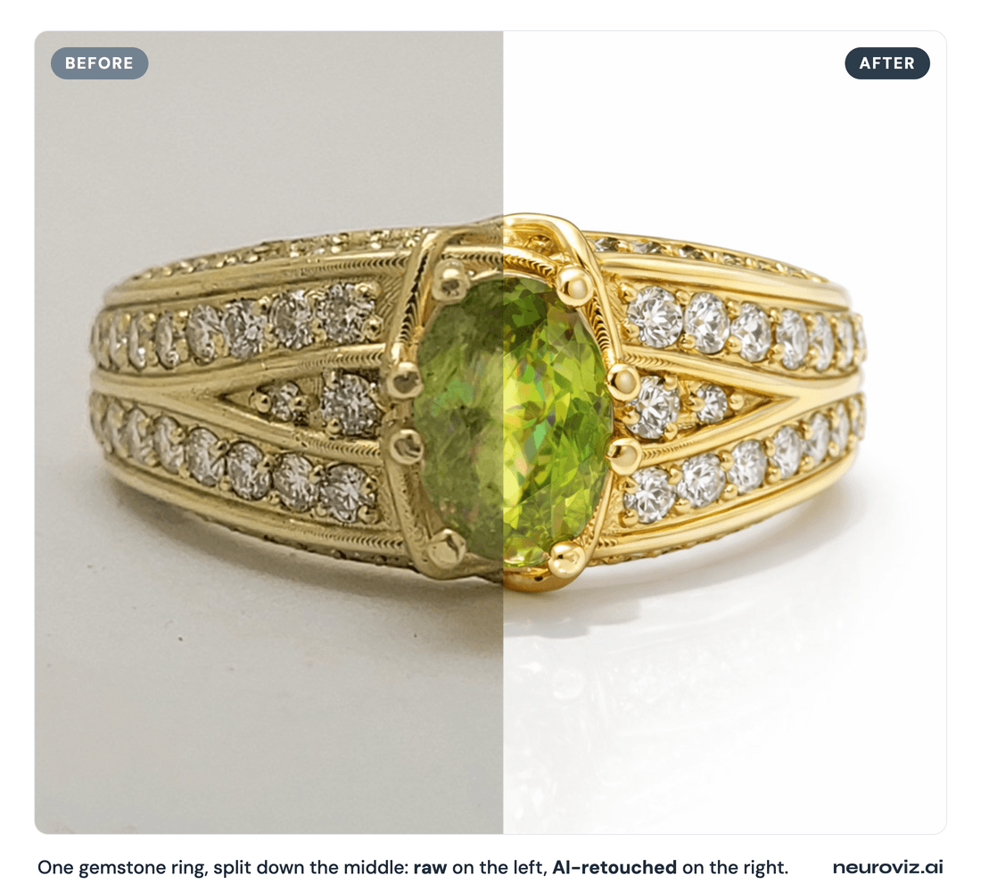 A gold gemstone ring split down the middle — the raw, dull original photo on the left half and the vivid, AI-retouched version with a bright green peridot and sparkling diamonds on the right half
