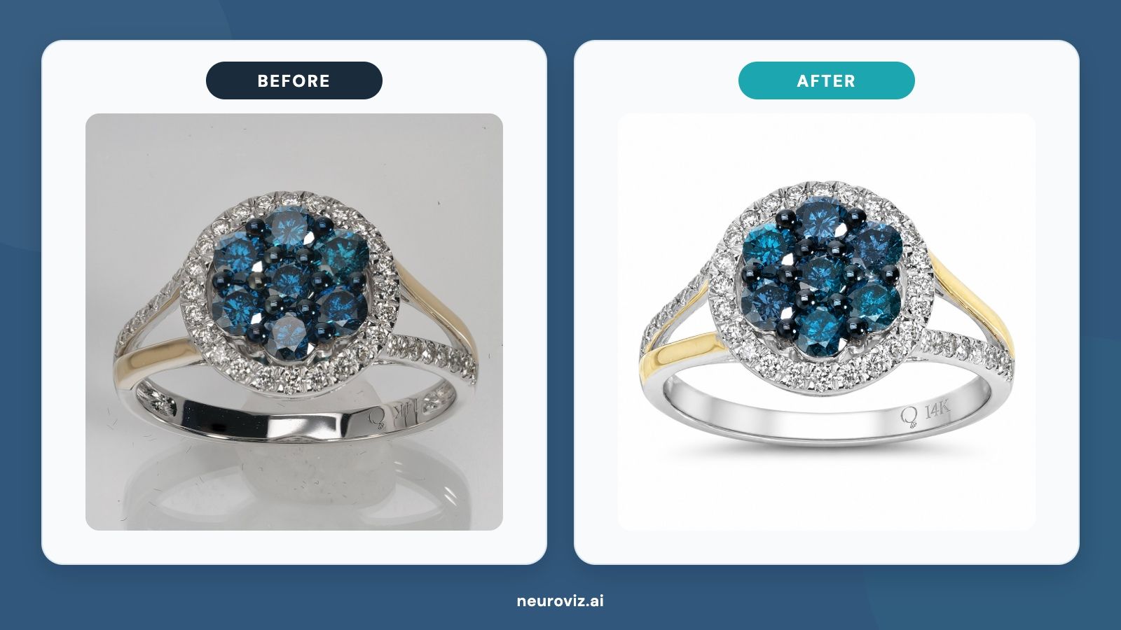 Before and after: jewelry ring retouched through the NeuroViz MCP server in about 30 seconds