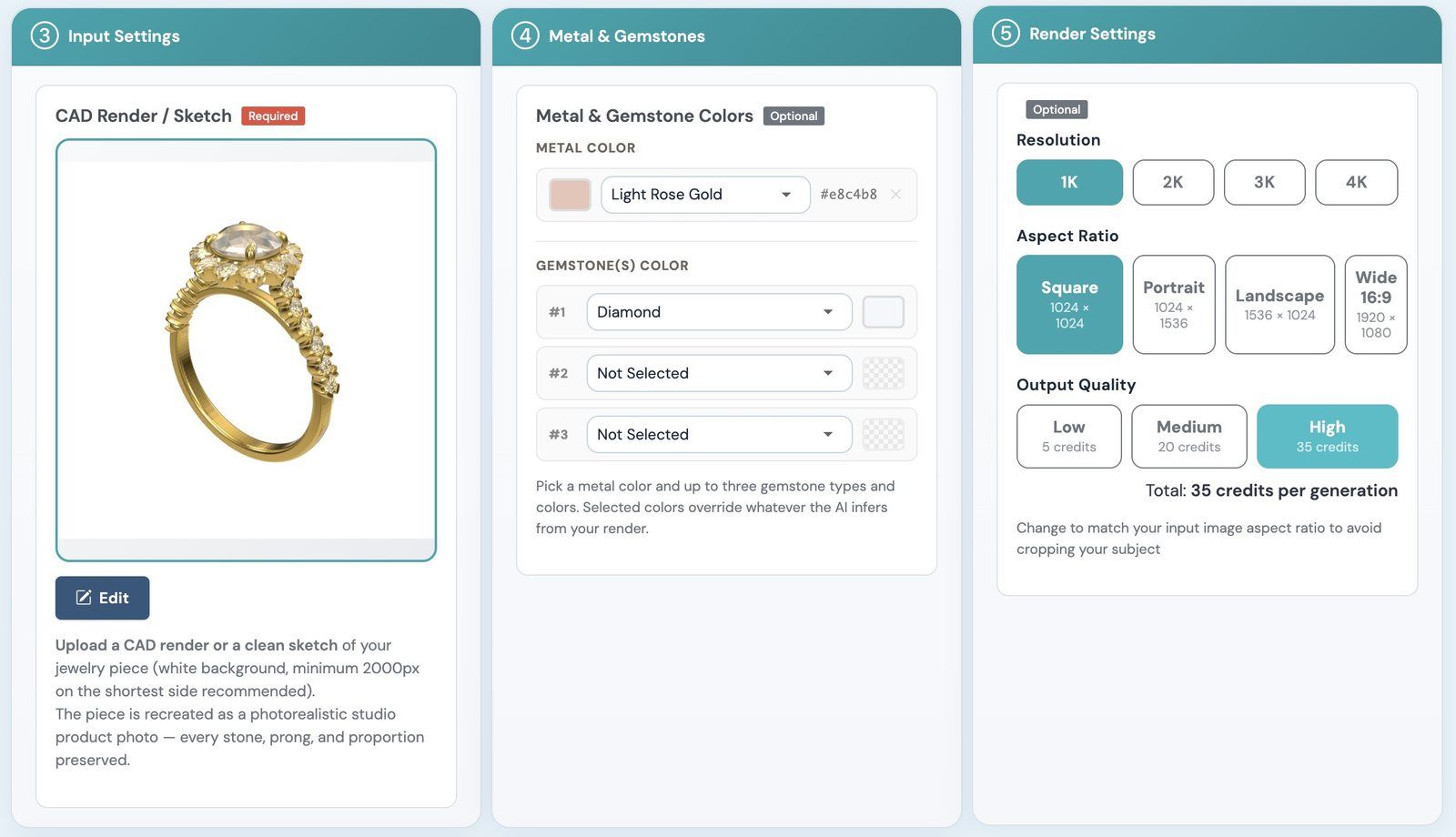Render setup screen: the CAD snapshot of the ring, the metal colour set to Light Rose Gold, Diamond selected as the gemstone, and resolution, aspect ratio and output quality controls showing 5, 20 and 35 credits