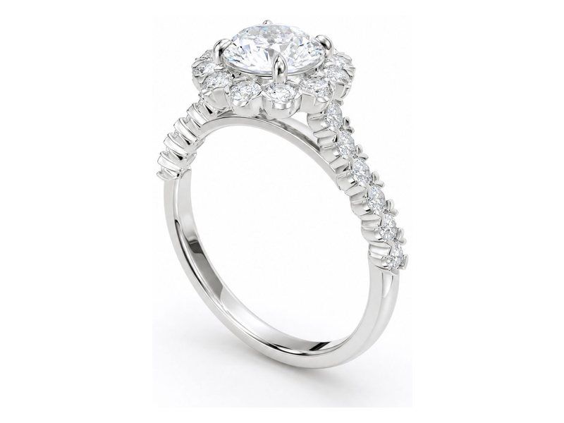 The same halo ring rendered from the same CAD file in white gold