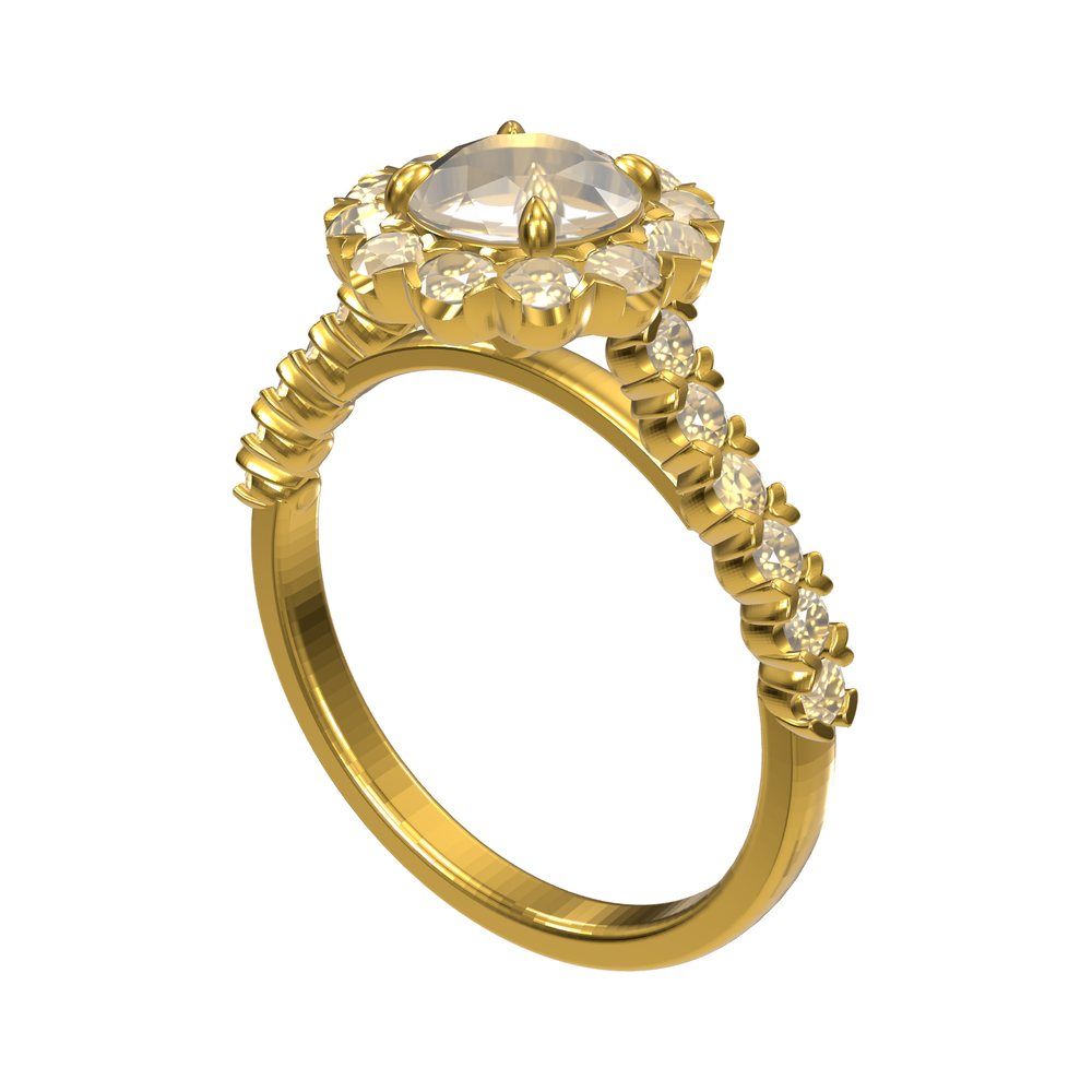 CAD model of a halo ring with a round centre stone and pavé shoulders, as it looks in the 3D viewer