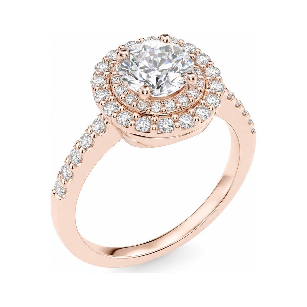 The same ring rendered as a product photo in rose gold with a round diamond centre and diamond halo