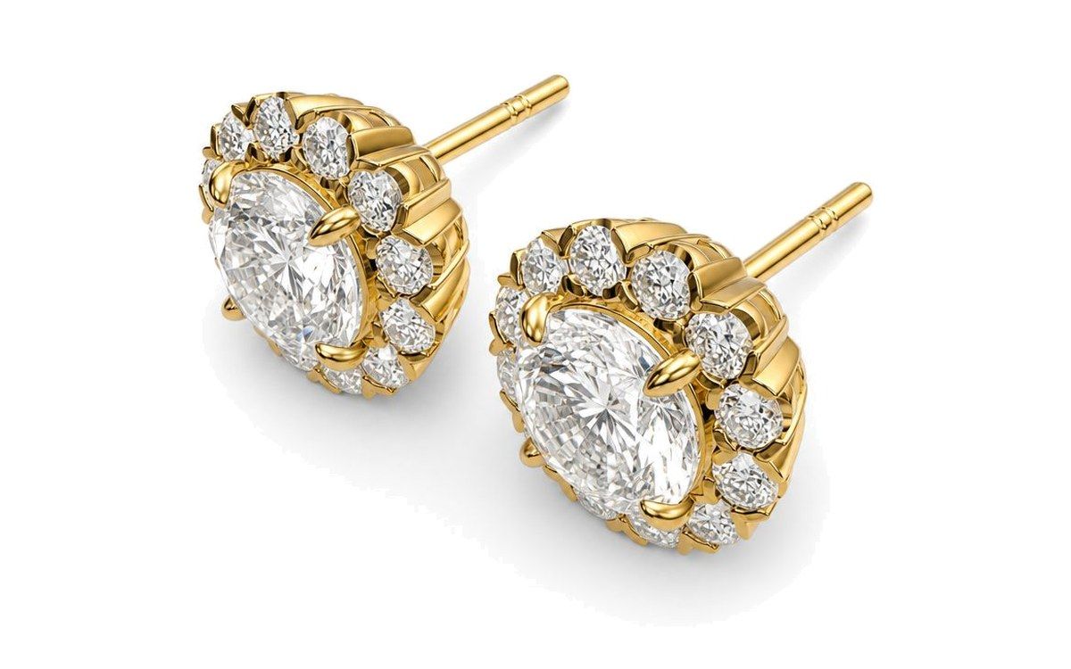 CAD Image Visualizer Precision example: a pair of yellow gold halo stud earrings rendered from a CAD file as a clean studio product photo
