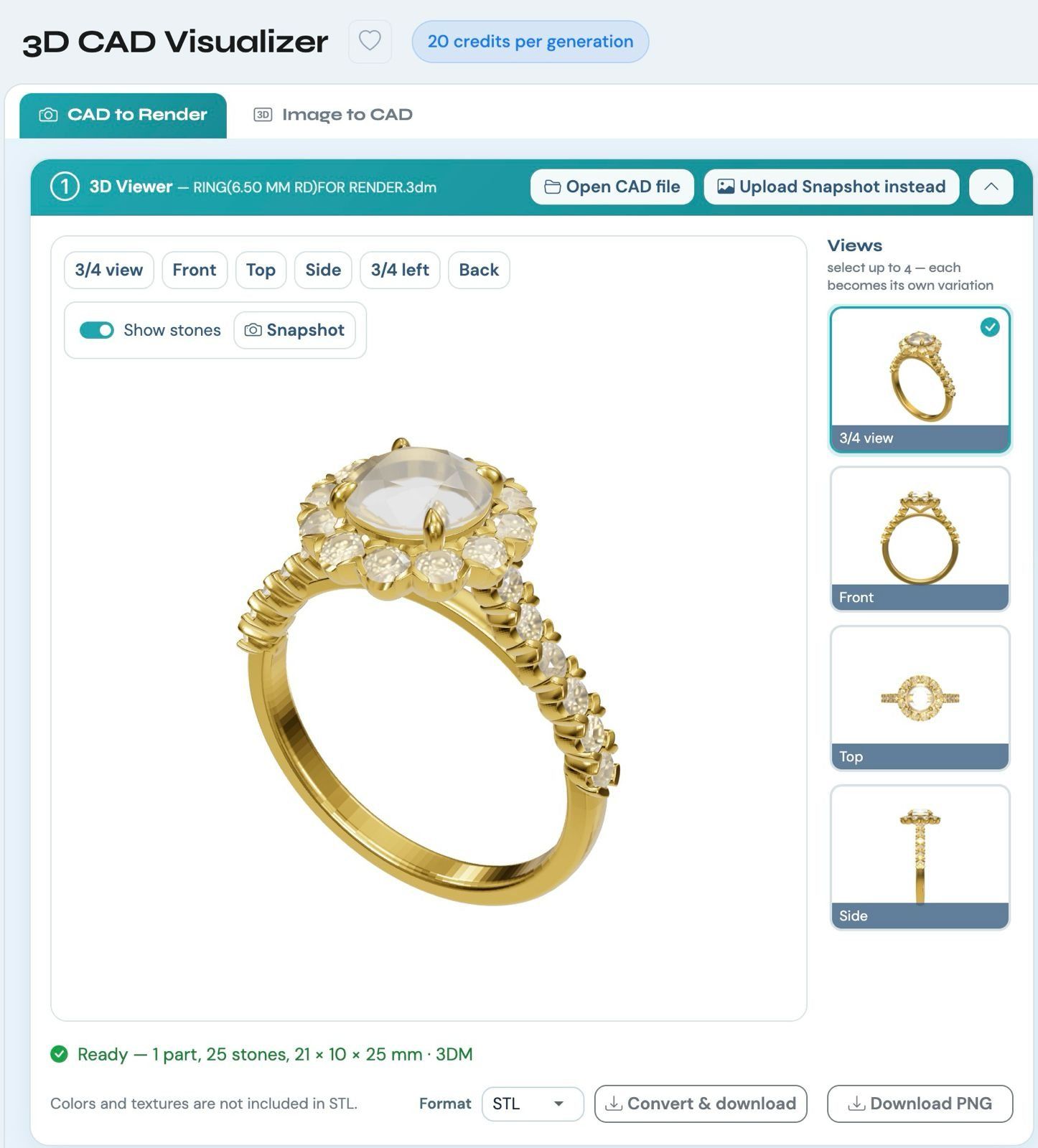 The 3D CAD Visualizer viewer with a halo ring loaded from a Rhino file: six view buttons, a Snapshot button, four prepared views in the side panel, and a status line reading 1 part, 25 stones, 21 by 10 by 25 millimetres