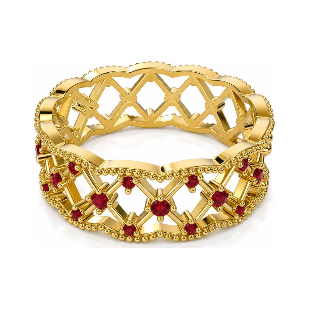 The same band rendered as a product photo in yellow gold with rubies and diamonds
