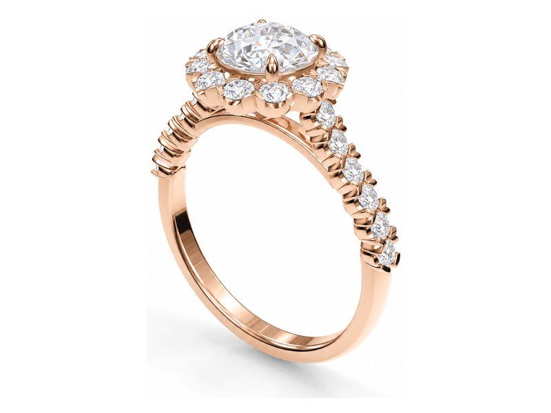 The same halo ring rendered from the same CAD file in rose gold