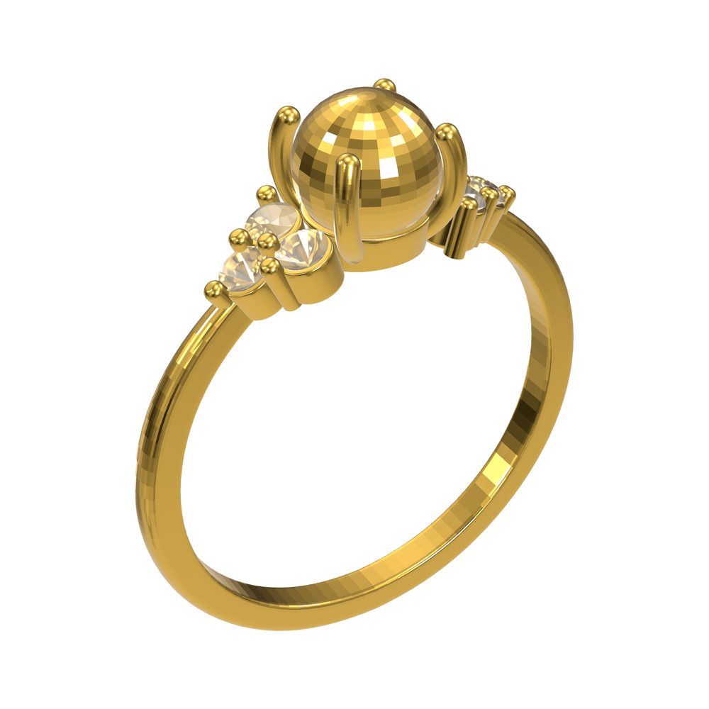 CAD model of a ring with a round centre stone and three small side stones on each shoulder