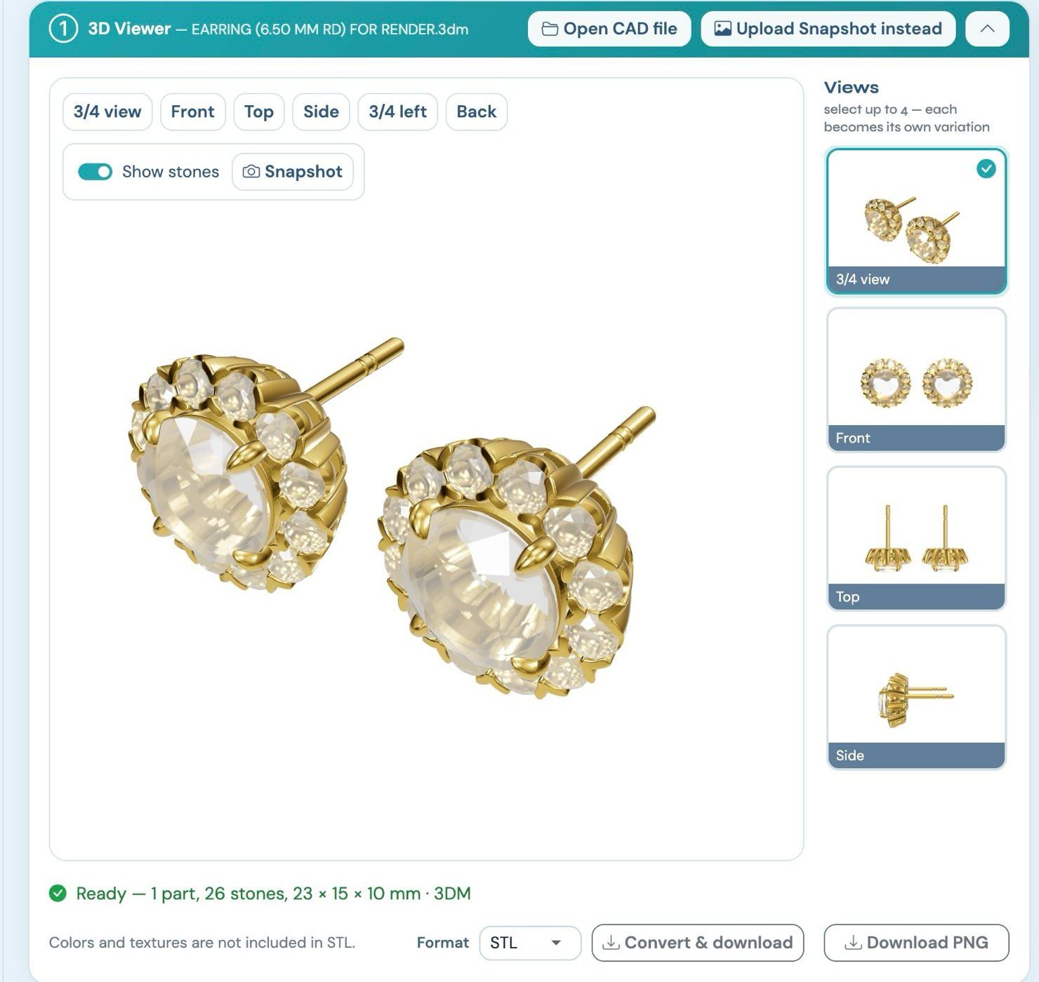The 3D viewer with a pair of halo stud earrings loaded from a 3DM file, four prepared views in the side panel, a status line reading 1 part, 26 stones, 23 by 15 by 10 millimetres, and the free Convert and download and Download PNG buttons