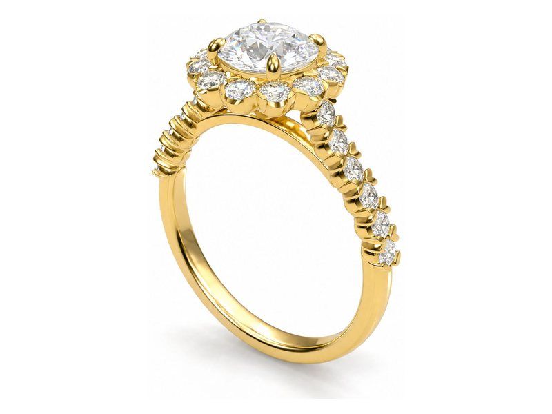 The halo ring rendered from the CAD file in yellow gold with a round centre diamond and diamond pavé shoulders