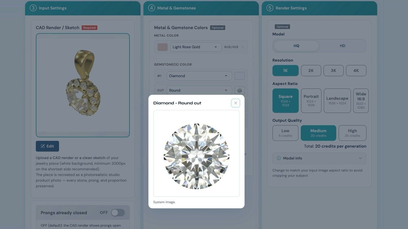 The render panel with the Gemstone Cut Selector: Diamond chosen for the stone, Round chosen as the cut, and a preview window showing the round brilliant facet pattern the render will apply; the Prongs already closed toggle is visible below the CAD snapshot