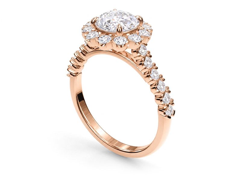 The same halo ring rendered from the same CAD file in rose gold