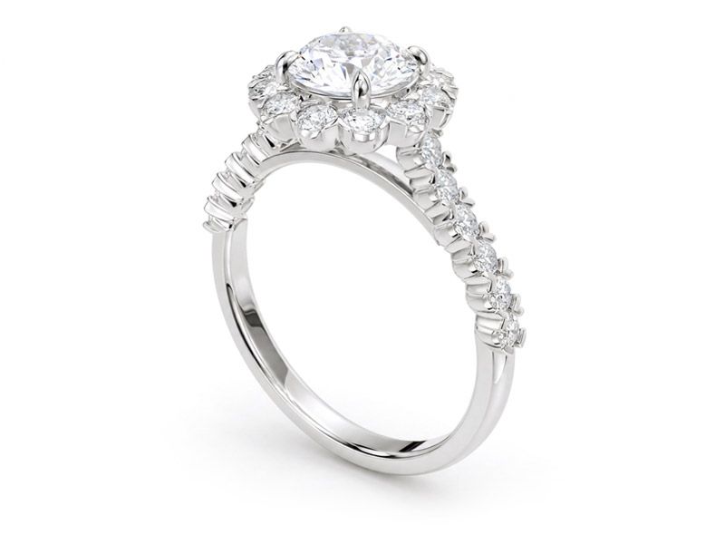 The same halo ring rendered from the same CAD file in white gold