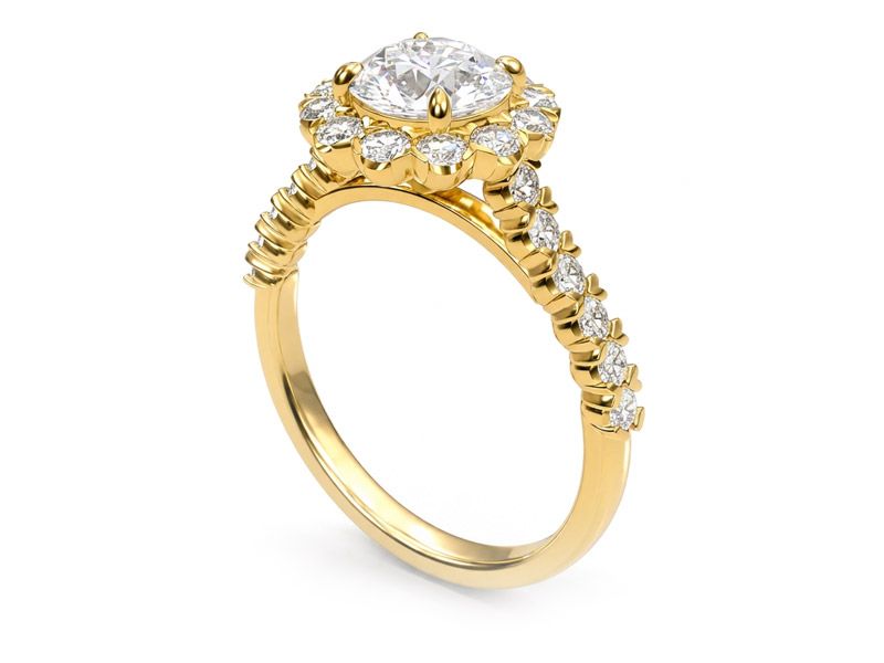 The halo ring rendered from the CAD file in yellow gold with a round centre diamond and diamond pavé shoulders