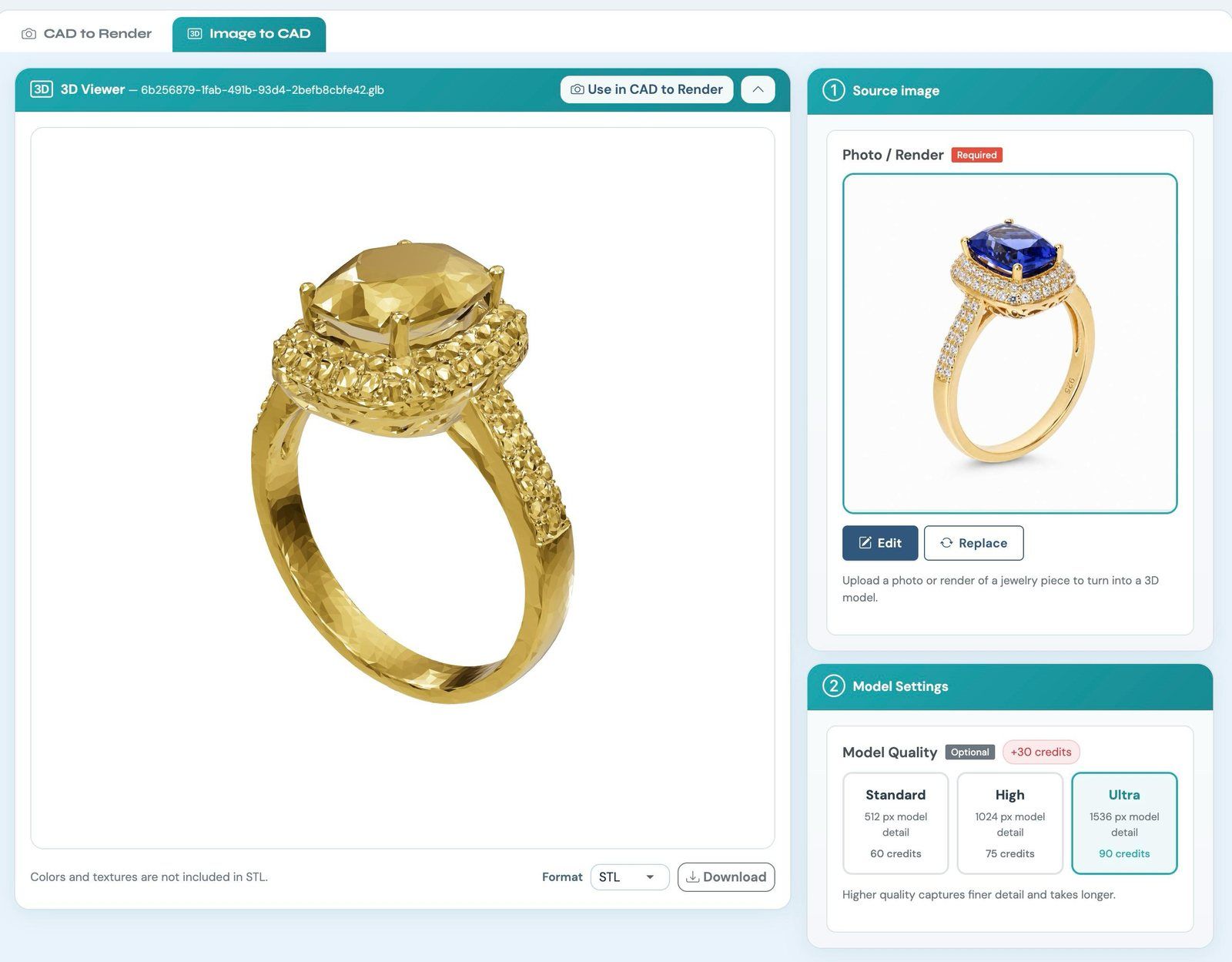 The Image to CAD tab: a photo of a sapphire halo ring uploaded as the source image on the right, the 3D model built from it shown in the viewer on the left, and the three model quality tiers Standard, High and Ultra with their credit prices