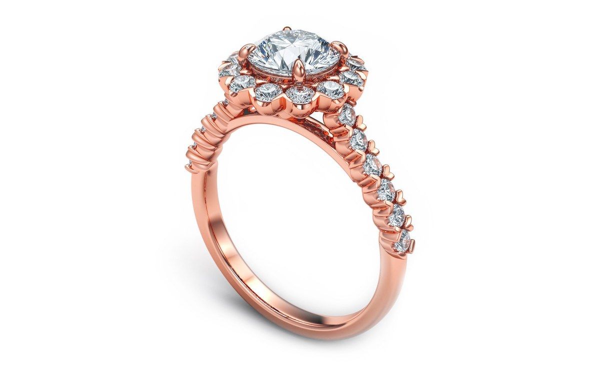 CAD Image Visualizer Vivid example: a rose gold halo ring rendered from a CAD file with deeper shadows, richer metal and stronger sparkle for marketing use
