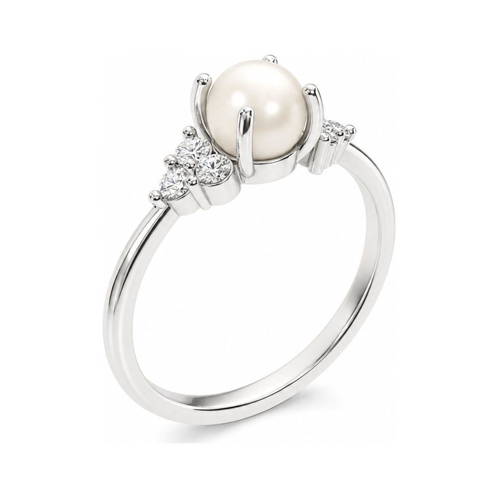 The same ring rendered as a product photo in white gold with a pearl centre and diamond side stones