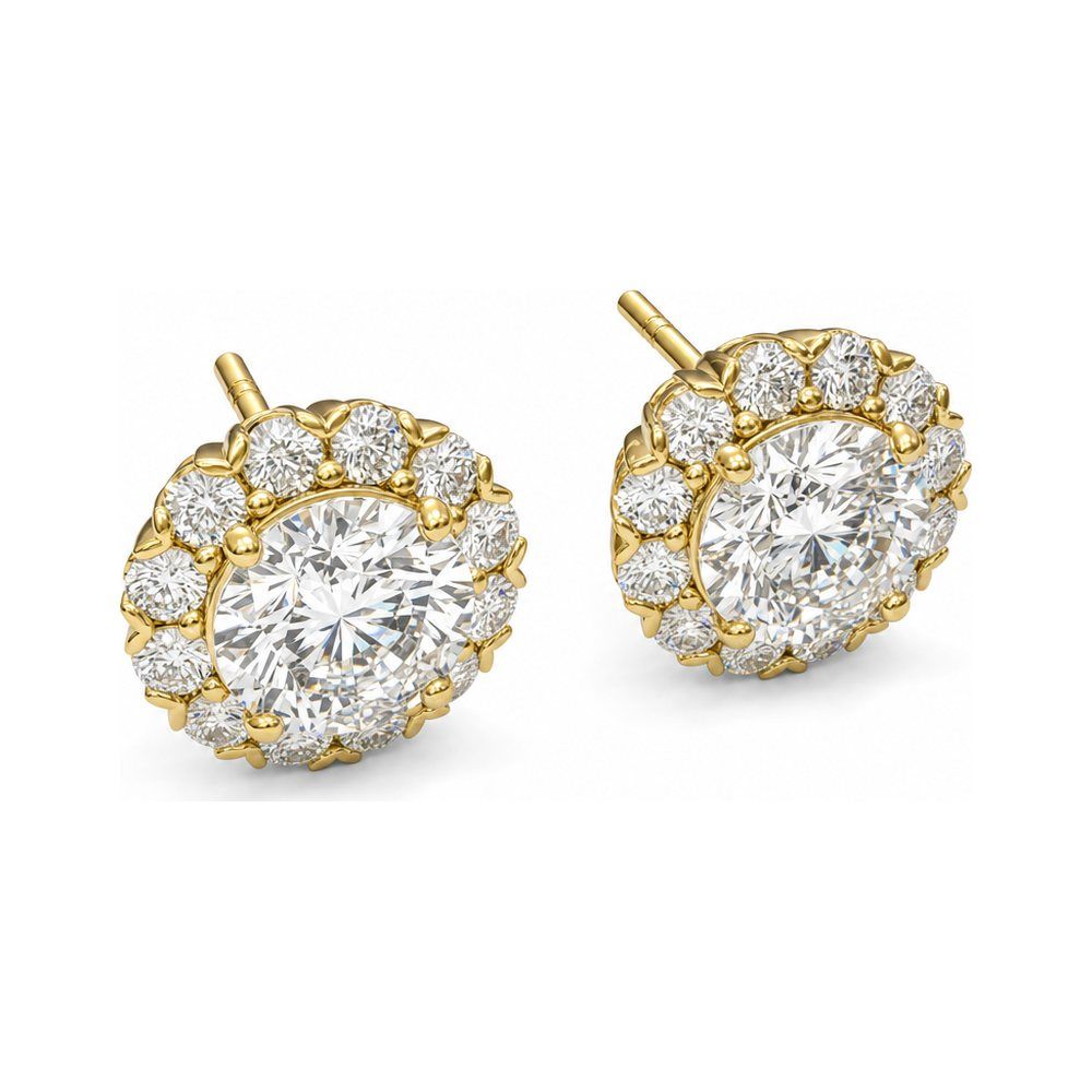The same stud earrings rendered as a product photo in yellow gold with diamonds