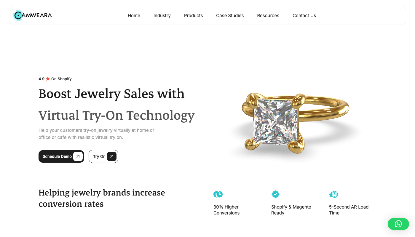 Camweara’s jewelry page: a gold princess-cut ring render next to the headline about boosting jewelry sales with virtual try-on, with a 4.9-star Shopify rating badge
