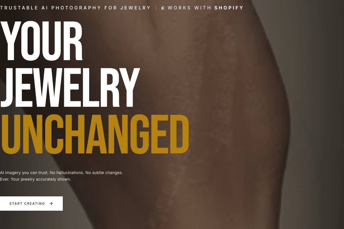 FormaNova homepage hero — “Your Jewelry Unchanged”, trustable AI photography for jewelry with Shopify support