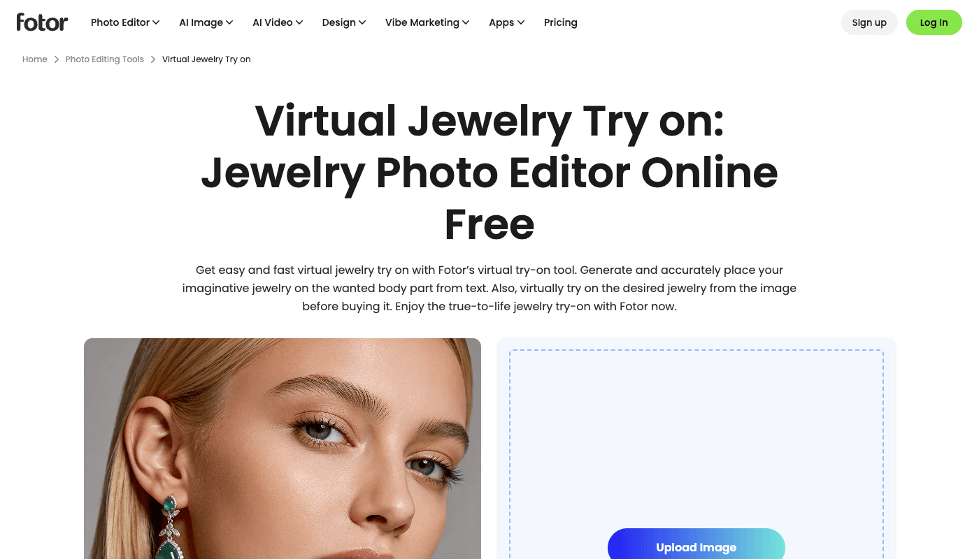 Fotor’s virtual jewelry try-on page: a photo editor with an upload area and an example portrait wearing generated emerald earrings