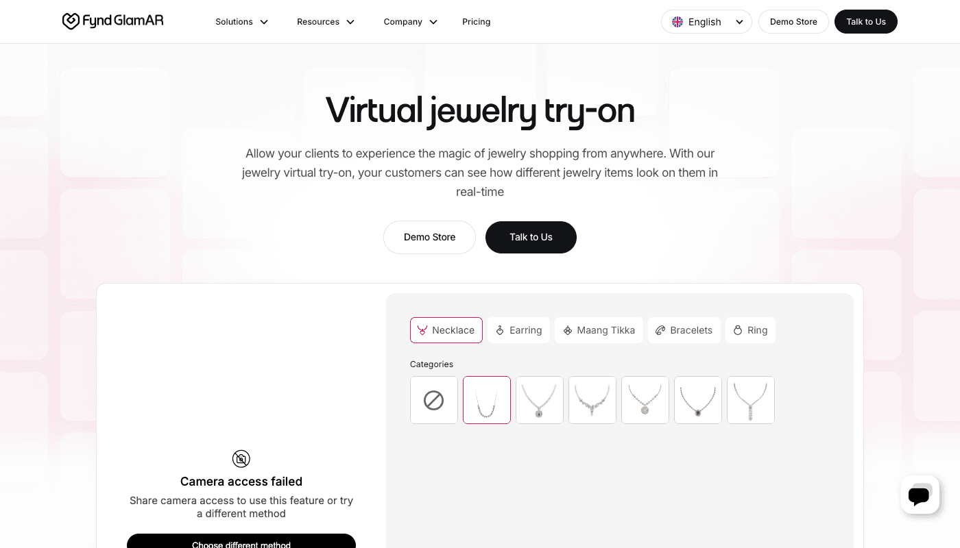 GlamAR’s virtual jewelry try-on page with category chips for necklace, earring, maang tikka, bracelets, and ring, and a live camera try-on demo panel