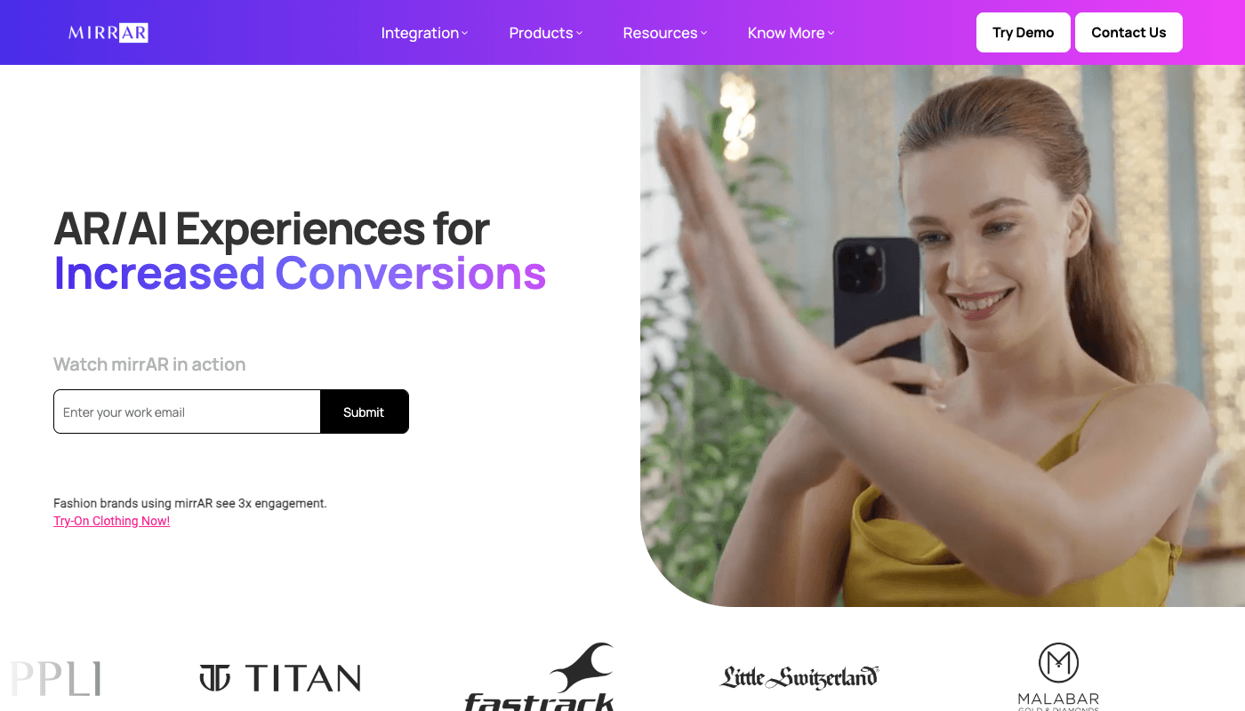 MirrAR homepage: a shopper trying jewelry through a phone camera, with client logos of Titan, Fastrack, Little Switzerland, and Malabar below
