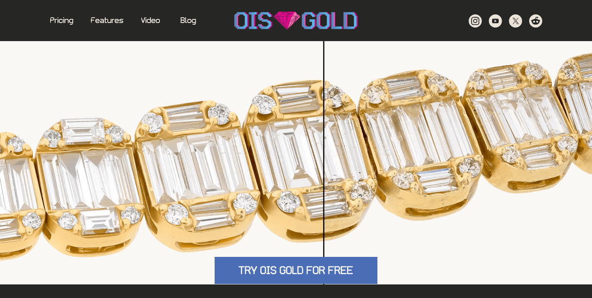 OIS.GOLD homepage — before-and-after split of a diamond-and-gold bracelet showing the retouched half against the raw half, with a “Try OIS Gold for free” button
