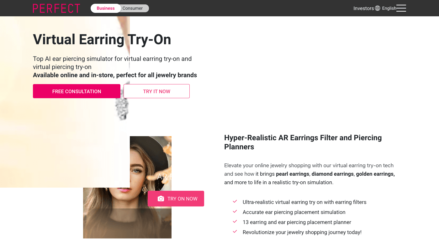 Perfect Corp’s Virtual Earring Try-On product page, offering an AR earrings filter and ear piercing placement planner with a model wearing generated earrings