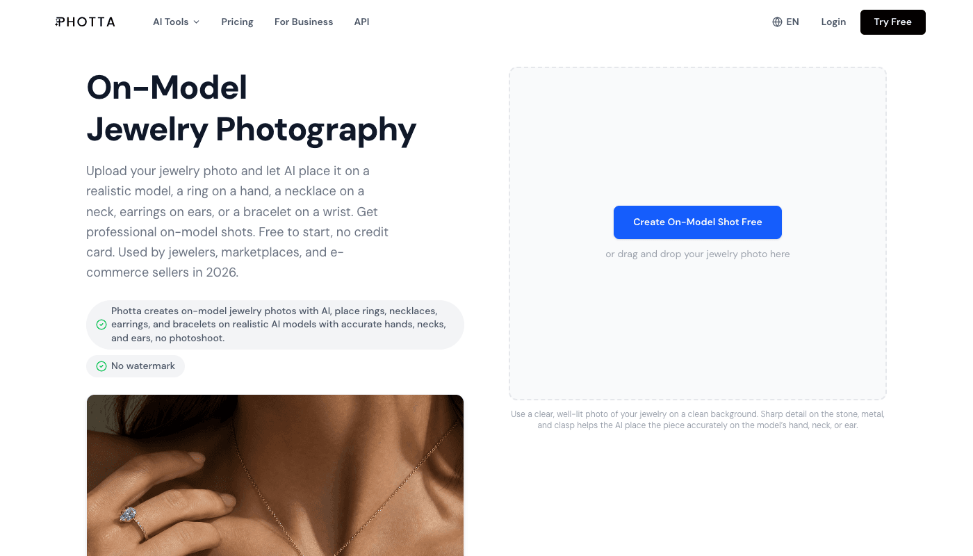 Photta’s on-model jewelry photography page, with an upload area for a jewelry photo and an example of a generated ring and necklace shot on a model