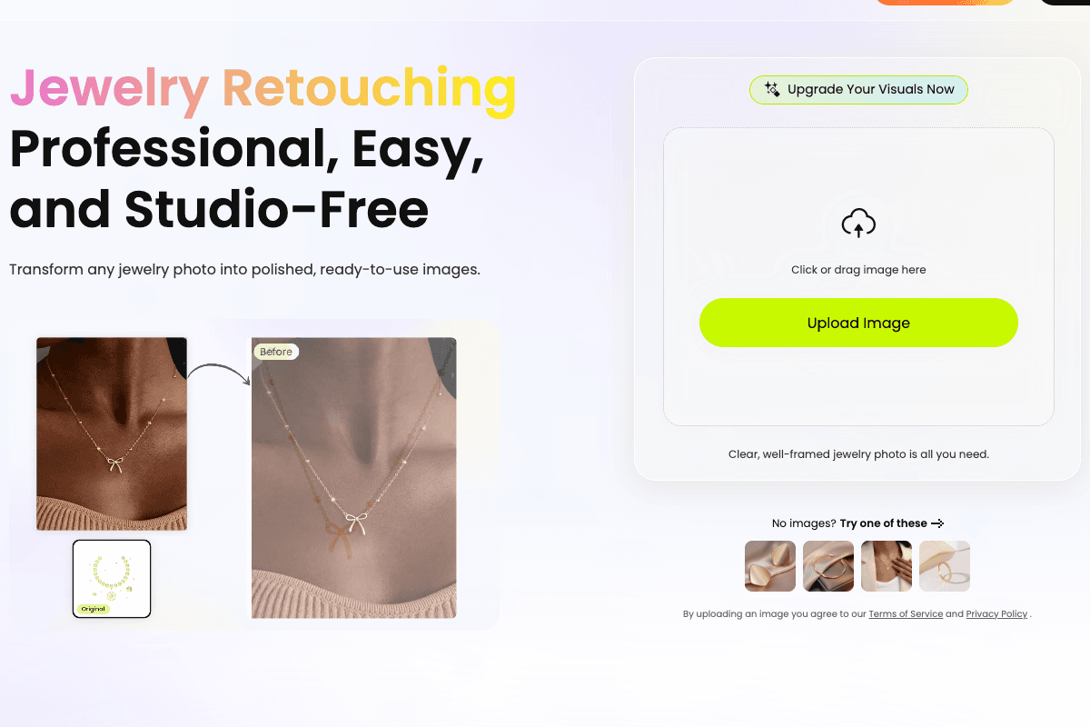 Snappyit jewelry retouching page — “Jewelry Retouching: Professional, Easy, and Studio-Free” with upload interface and necklace before/after