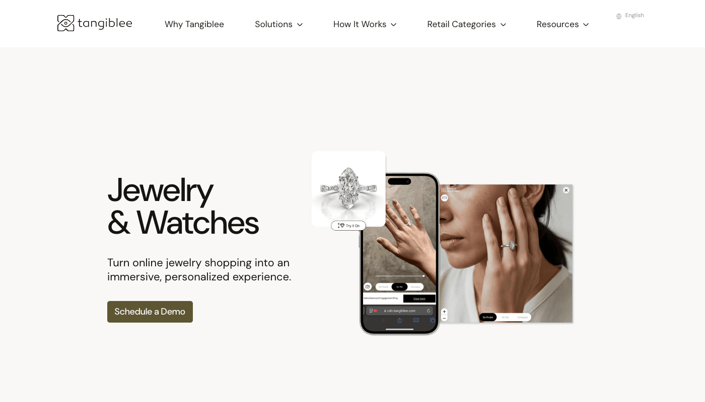 Tangiblee’s jewelry and watches page, showing a diamond ring product photo and the same ring displayed on a shopper’s hand through the try-on interface on a phone