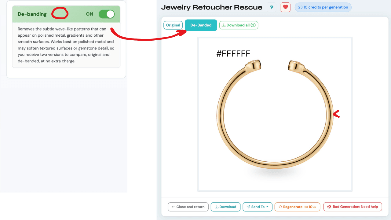 De-banding in Jewelry Retoucher Rescue: the result screen delivers both the Original and De-Banded versions as tabs, ready to download