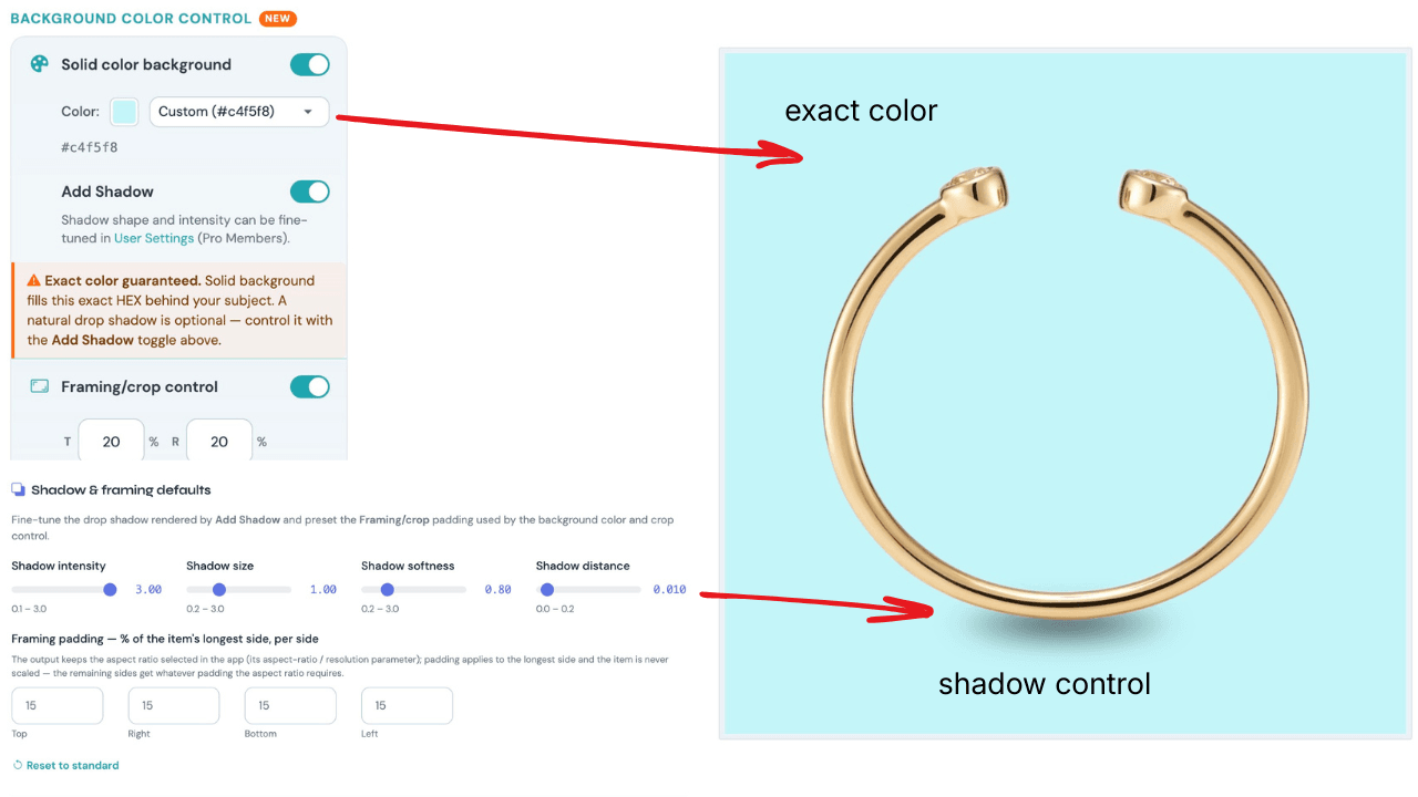 Exact custom background color with a natural shadow: the Background Color Control panel set to #c4f5f8 and the resulting gold ring on that exact light-blue background