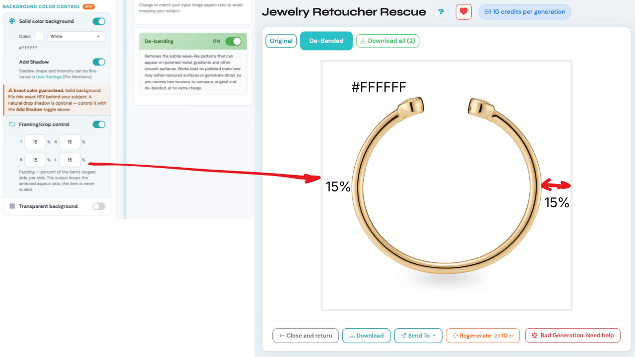 Framing control in Jewelry Retoucher Rescue: 15 percent padding per side around a gold ring on a pure white background