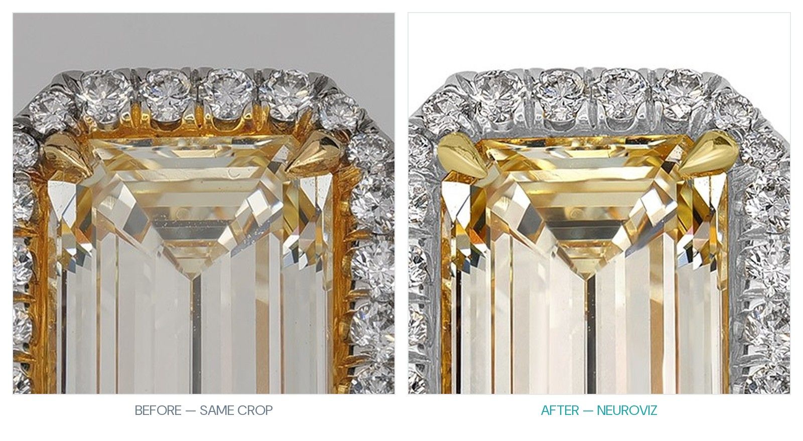Identical crop of the emerald-cut centre stone and pavé halo before and after: step facets, prong tips and every halo stone preserved