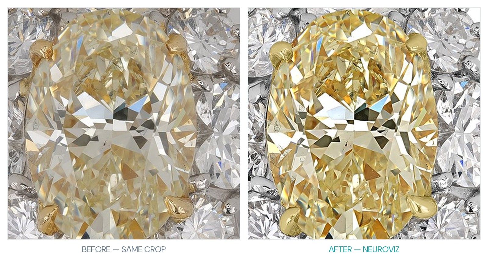 Identical crop of a fancy yellow oval diamond before and after: the internal facet pattern of the stone is preserved while metal and lighting are cleaned