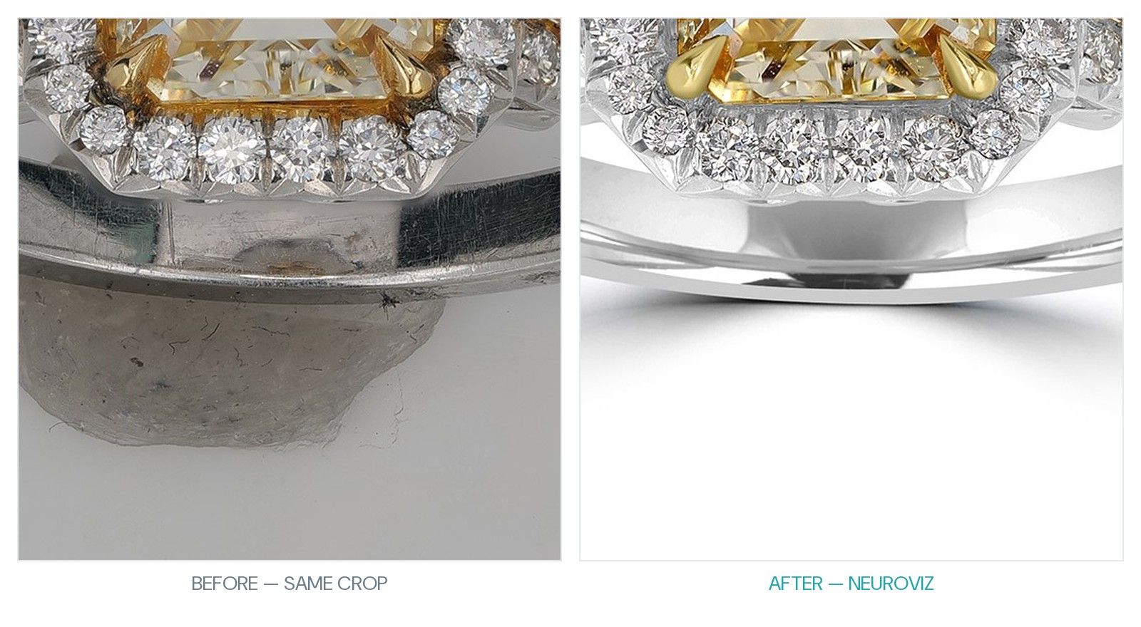 Identical crop of the ring shank before and after: mounting putty, dust fibres and scratches on the band are gone, the polished metal keeps believable reflections