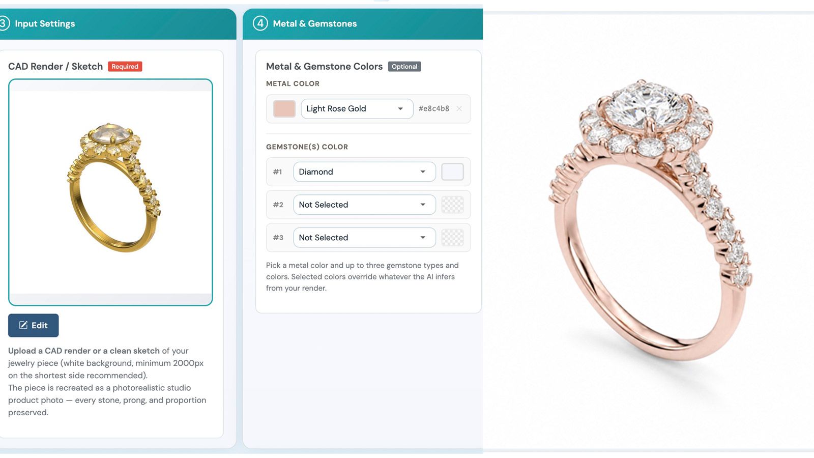 A jewelry CAD model of a halo ring shown beside the finished photorealistic product photo rendered from it