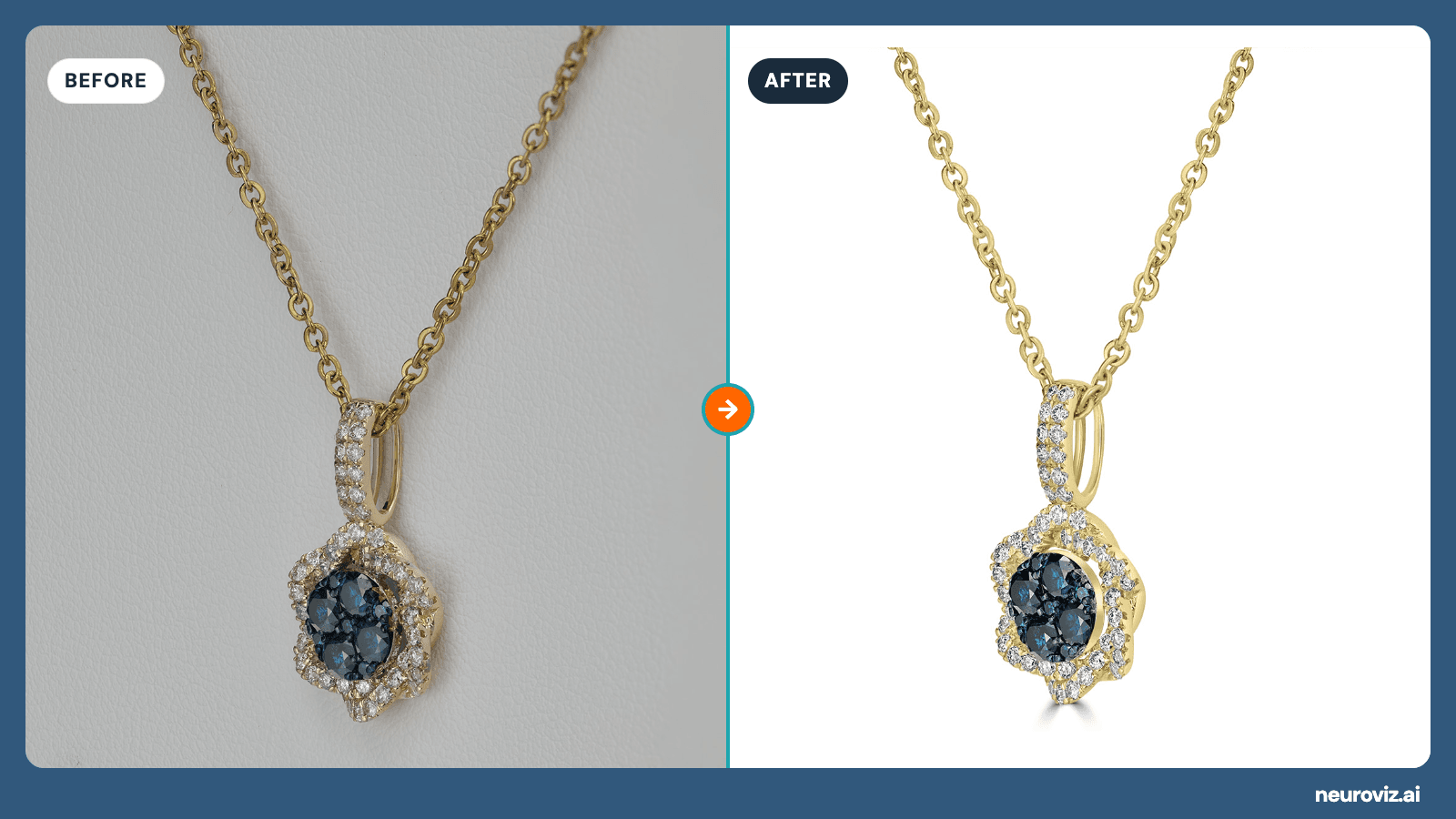 A gold necklace with a blue-stone and diamond pendant, shown before and after retouching — on the left the raw shot on an uneven grey background with dull metal, on the right the same piece cleaned up on plain white, ready for a product listing